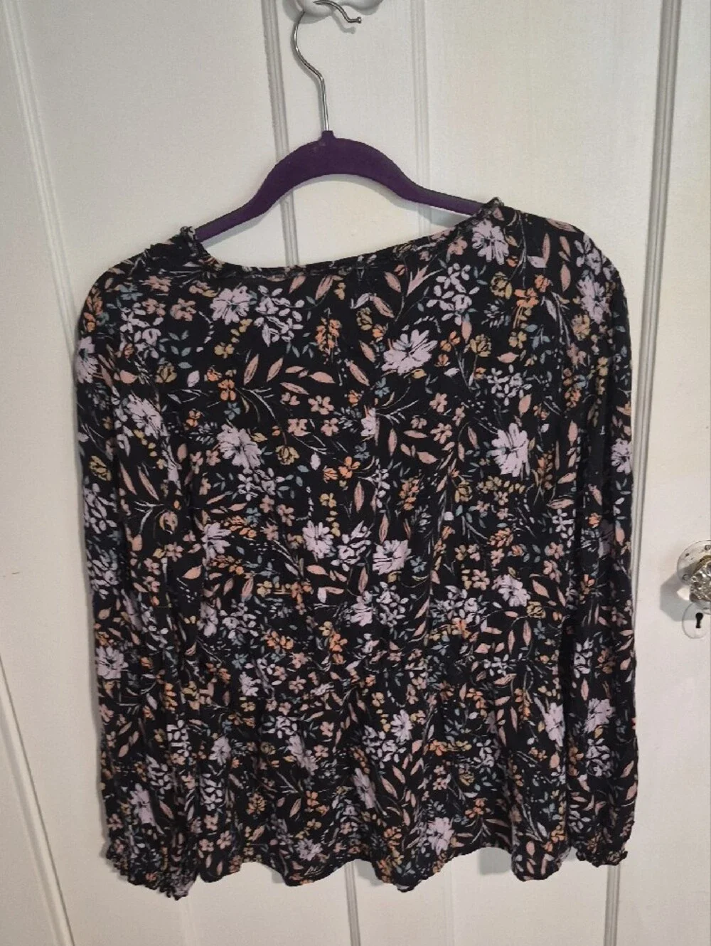 Lane Bryant Black Floral Wrap Blouse with Pink and Tan Accents